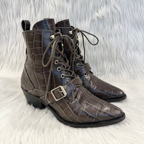 ALLSAINTS Katy Croc Ankle Boots Leather Lace Up Buckle Pointed Toe Heeled, Brown - Picture 14 of 14